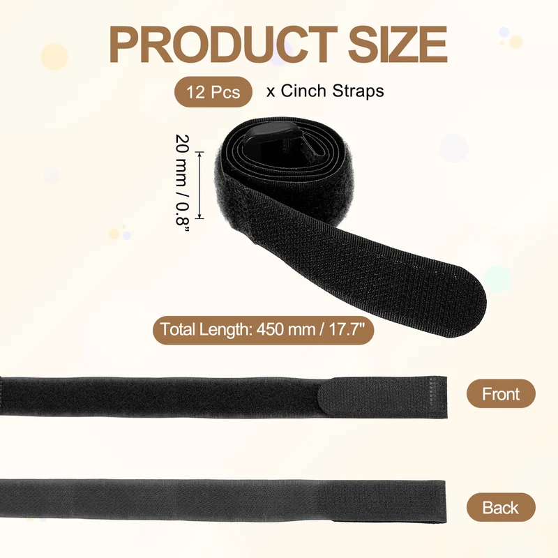 12Pcs 0.8"x17.7" Reusable Cinch Strap Hook and Loop Cable Securing Strap Black