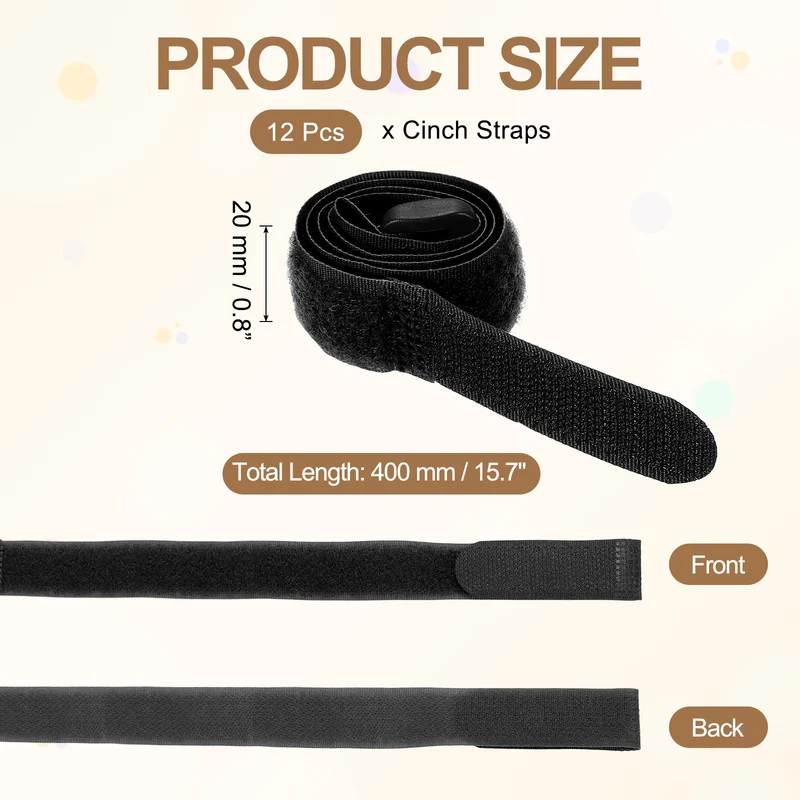 12Pcs 0.8"x15.7" Reusable Cinch Strap Hook and Loop Cable Securing Strap Black