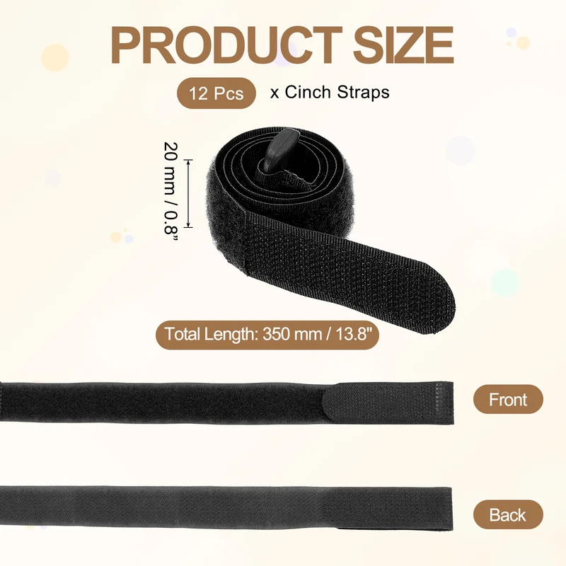 12Pcs 0.8"x13.8" Reusable Cinch Strap Hook and Loop Cable Securing Strap Black