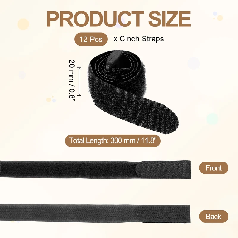 12Pcs 0.8"x11.8" Reusable Cinch Strap Hook and Loop Cable Securing Strap Black