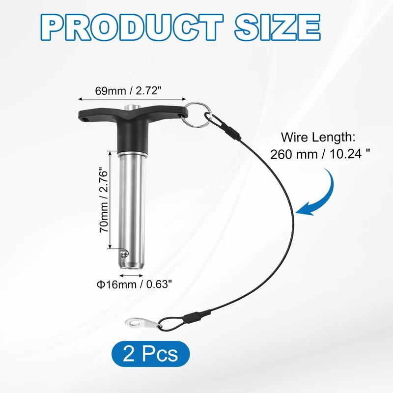 2Pcs T-Handle Quick Release Pin 5/8" x 2-3/4" (Dia x L) 304 Stainless Steel