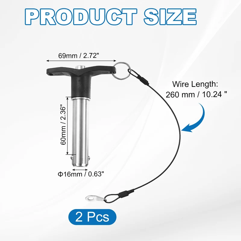 2Pcs T-Handle Quick Release Pin 5/8" x 2-3/8" (Dia x L) 304 Stainless Steel