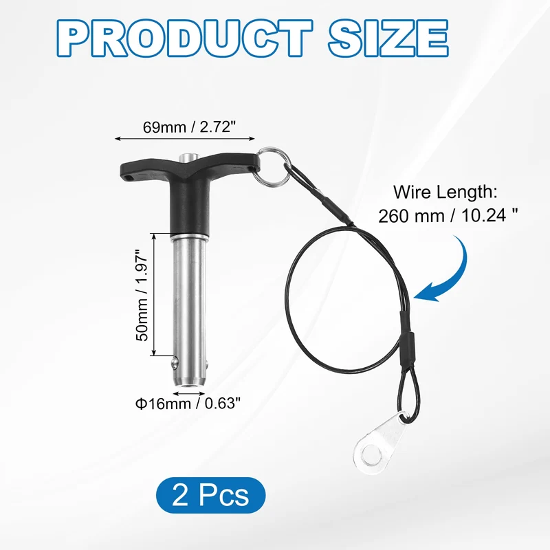 2Pcs T-Handle Quick Release Pin 5/8" x 2" (Dia x L) 304 Stainless Steel