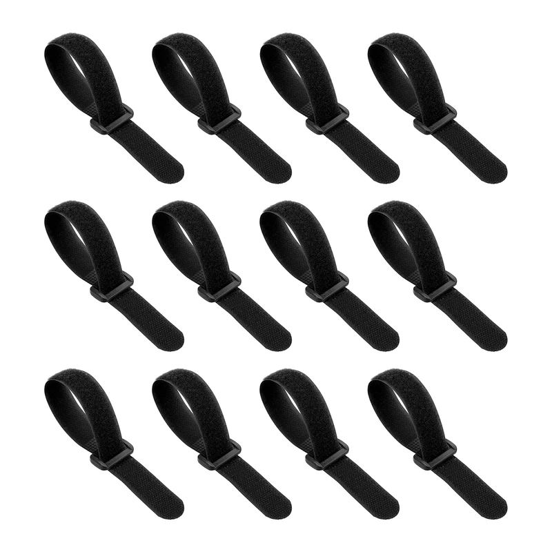 12Pcs 0.8"x8" Reusable Cinch Strap Hook and Loop Cable Securing Strap Black