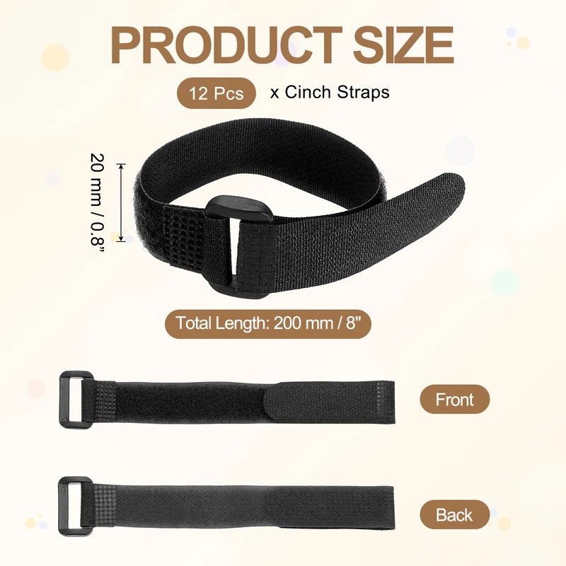 12Pcs 0.8"x8" Reusable Cinch Strap Hook and Loop Cable Securing Strap Black