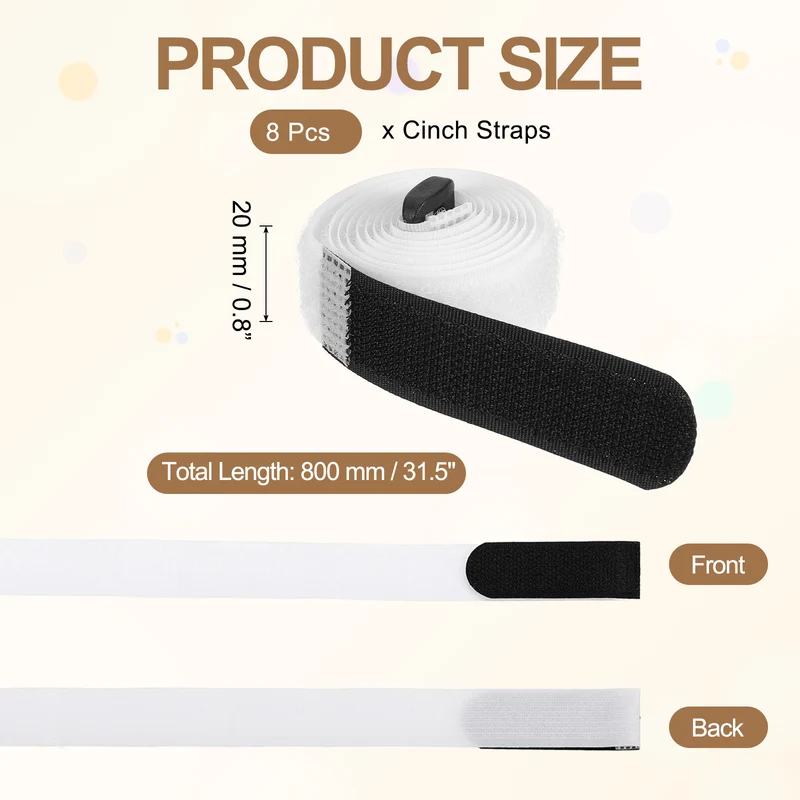 8Pcs 0.8"x31.5" Reusable Cinch Strap Hook and Loop Cable Securing Strap White