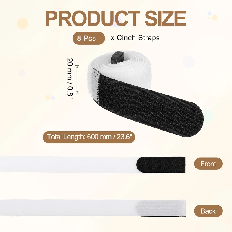 8Pcs 0.8"x23.6" Reusable Cinch Strap Hook and Loop Cable Securing Strap White