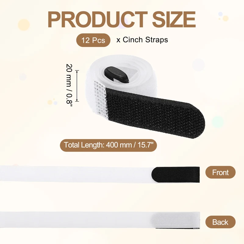 12Pcs 0.8"x15.7" Reusable Cinch Strap Hook and Loop Cable Securing Strap White