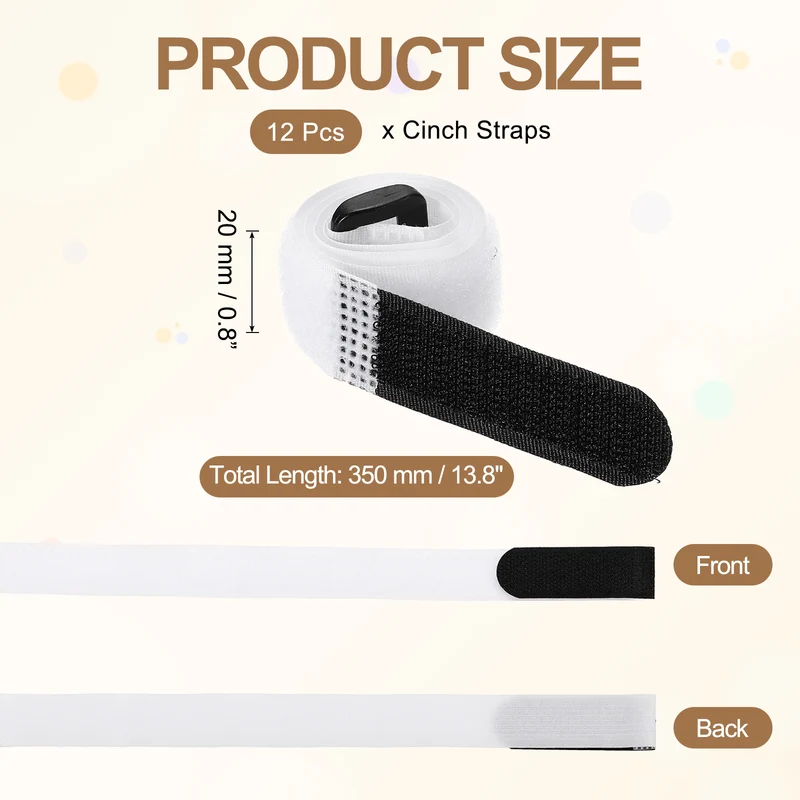 12Pcs 0.8"x13.8" Reusable Cinch Strap Hook and Loop Cable Securing Strap White