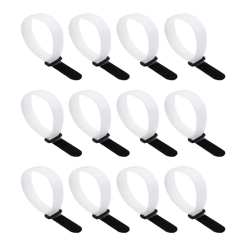 12Pcs 0.8"x11.8" Reusable Cinch Strap Hook and Loop Cable Securing Strap White