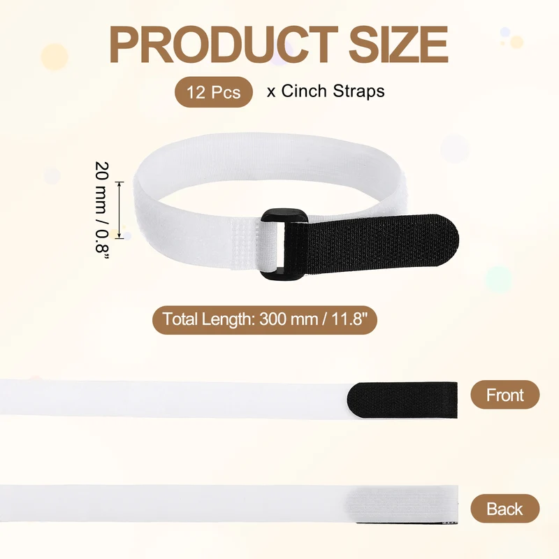 12Pcs 0.8"x11.8" Reusable Cinch Strap Hook and Loop Cable Securing Strap White