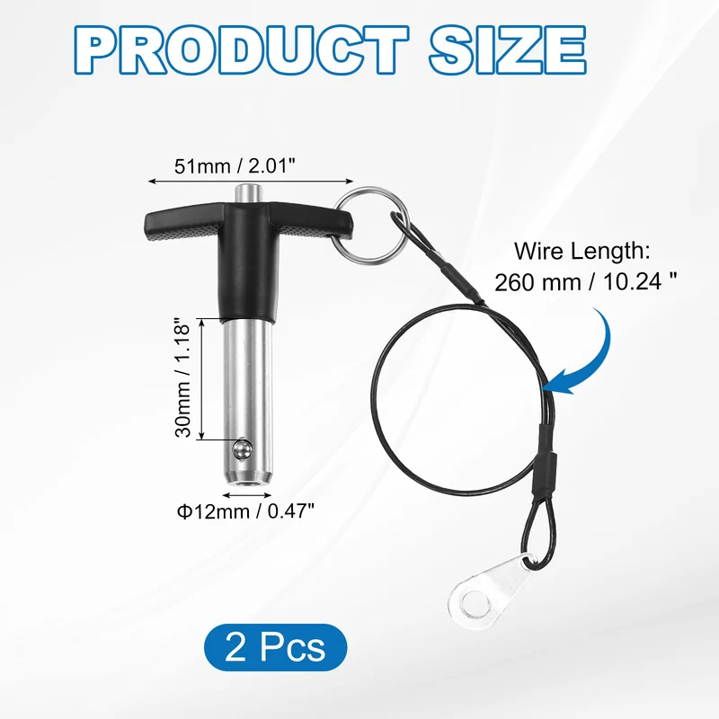 2Pcs T-Handle Quick Release Pin 1/2" x 1-3/16" (Dia x L) 304 Stainless Steel