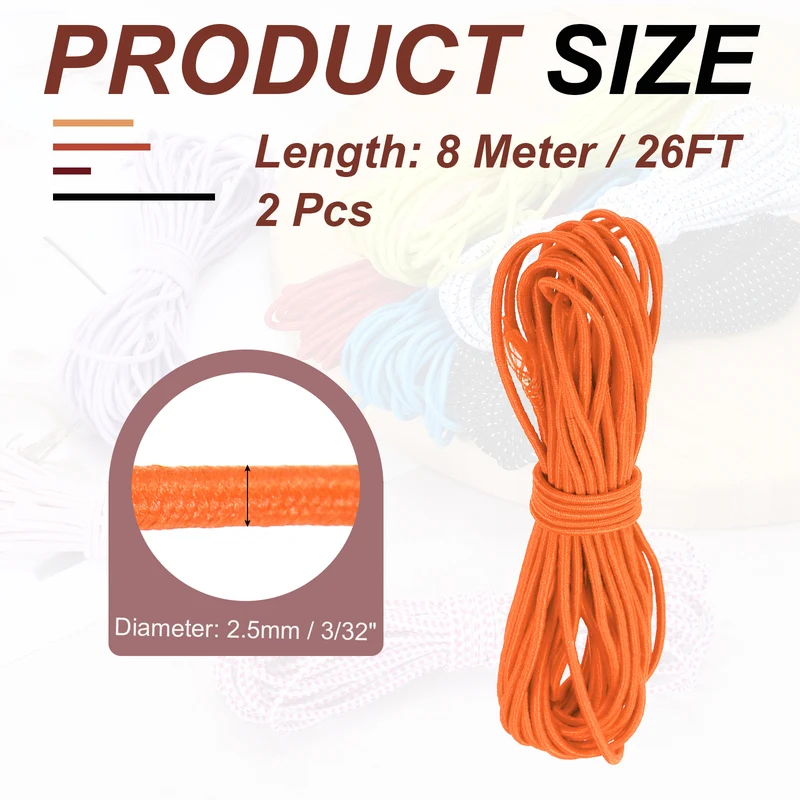 2pcs 3/32" x 26ft Bungee Shock Cord Rope Marine Grade Bungee Rope Orange