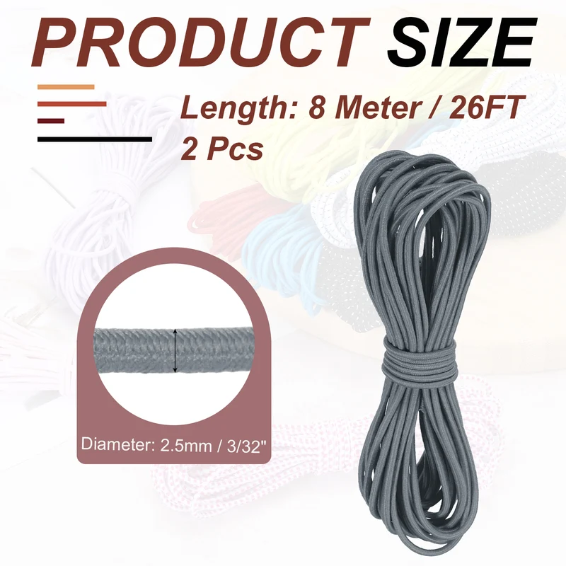 2pcs 3/32" x 26ft Bungee Shock Cord Rope Marine Grade Bungee Rope Silver