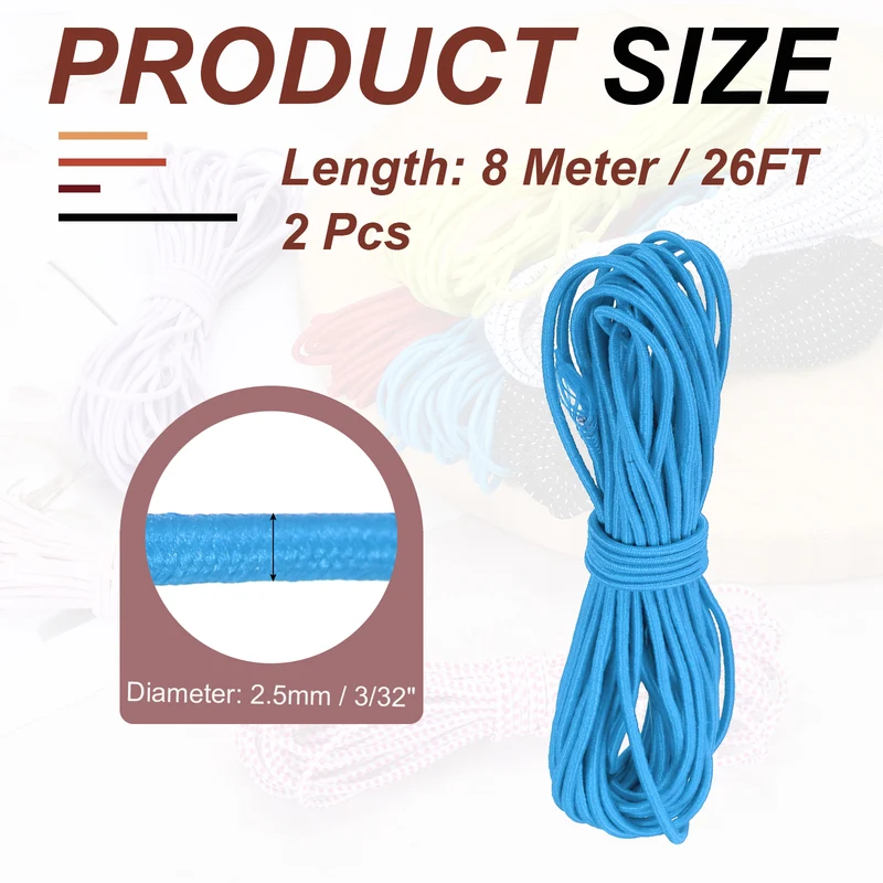 2pcs 3/32" x 26ft Bungee Shock Cord Rope Marine Grade Bungee Rope Sky Blue