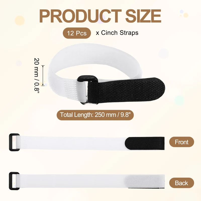 12Pcs 0.8"x9.8" Reusable Cinch Strap Hook and Loop Cable Securing Strap White