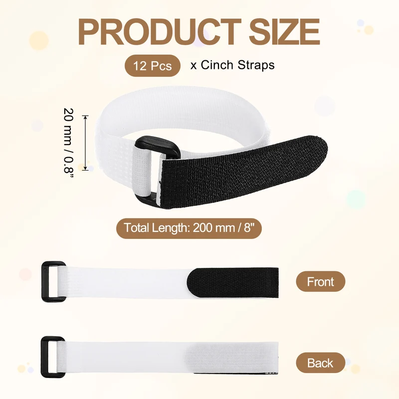 12Pcs 0.8"x8" Reusable Cinch Strap Hook and Loop Cable Securing Strap White