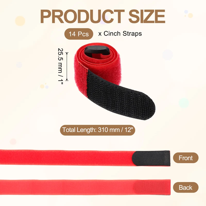 14pcs Reusable Cinch Strap 1.3"x12" Hook and Loop Cable Securing Strap Red