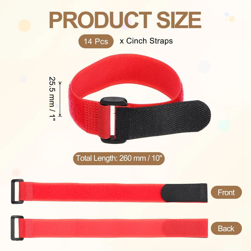 14pcs Reusable Cinch Strap 1.3"x10" Hook and Loop Cable Securing Strap Red
