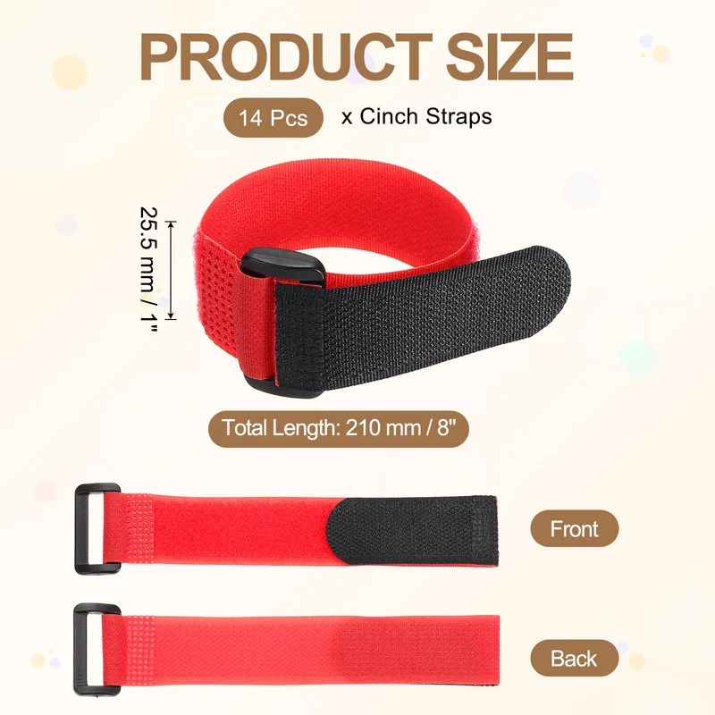14pcs Reusable Cinch Strap 1.3"x8.3" Hook and Loop Cable Securing Strap Red