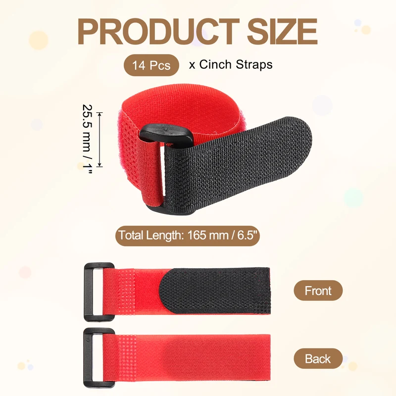 14pcs Reusable Cinch Strap 1.3"x6.5" Hook and Loop Cable Securing Strap Red