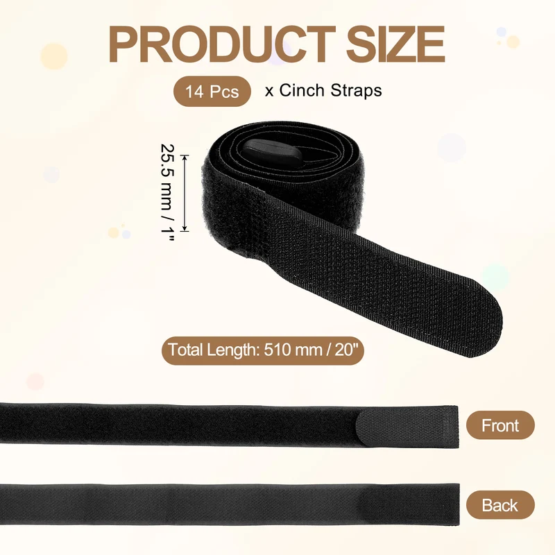 14pcs Reusable Cinch Strap 1.3"x20" Hook and Loop Cable Securing Strap Black