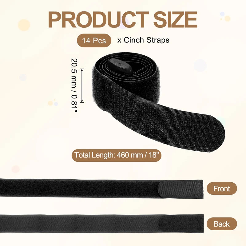 14pcs Reusable Cinch Strap 1.1"x18" Hook and Loop Cable Securing Strap, Black