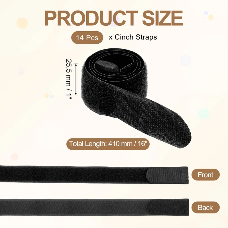 14pcs Reusable Cinch Strap 1.3"x16" Hook and Loop Cable Securing Strap Black