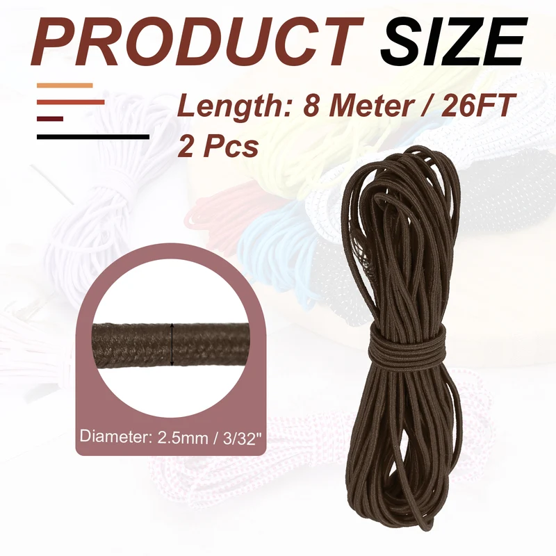 2pcs 3/32" x 26ft Bungee Shock Cord Rope Marine Grade Bungee Rope Brown