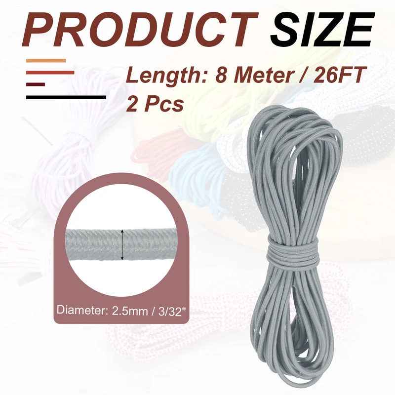 2pcs 3/32" x 26ft Bungee Shock Cord Rope Marine Grade Bungee Rope Gray