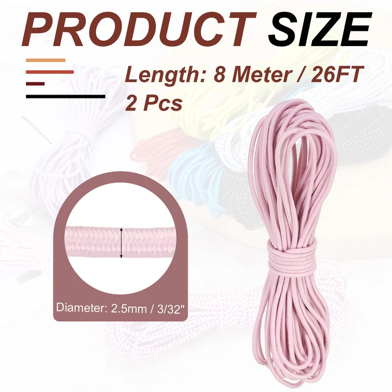 2pcs 3/32" x 26ft Bungee Shock Cord Rope Marine Grade Bungee Rope Pink
