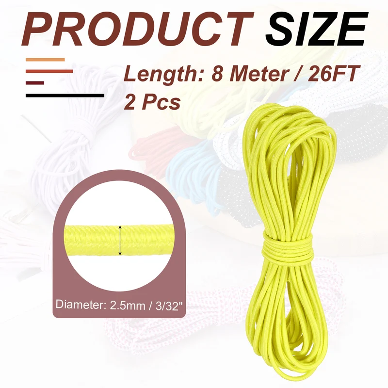 2pcs 3/32" x 26ft Bungee Shock Cord Rope Marine Grade Bungee Rope Yellow