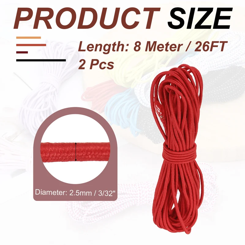 2pcs 3/32" x 26ft Bungee Shock Cord Rope Marine Grade Bungee Rope Red