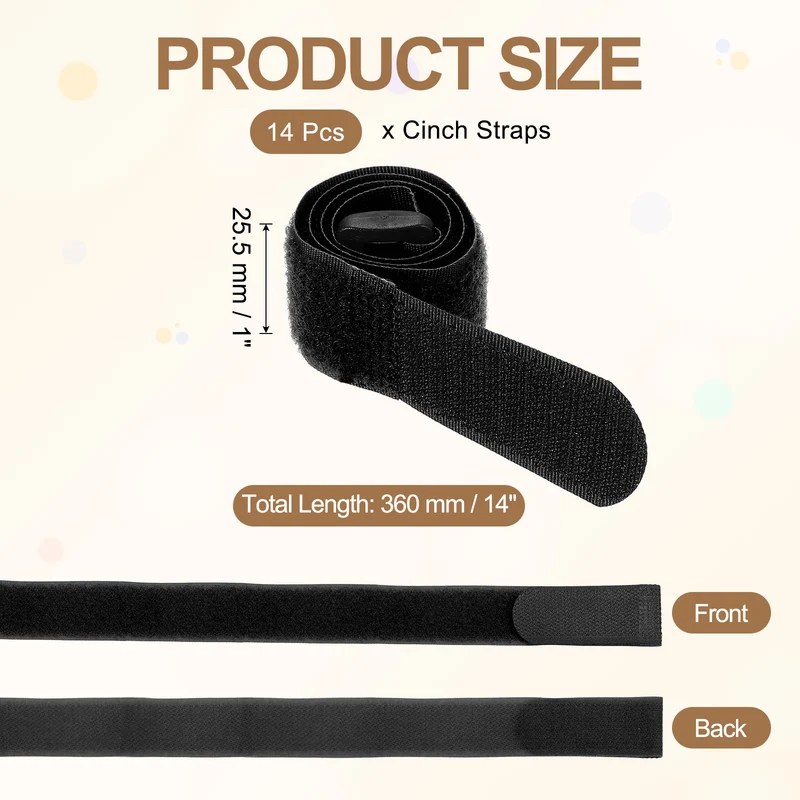 14pcs Reusable Cinch Strap 1.3"x14" Hook and Loop Cable Securing Strap Black