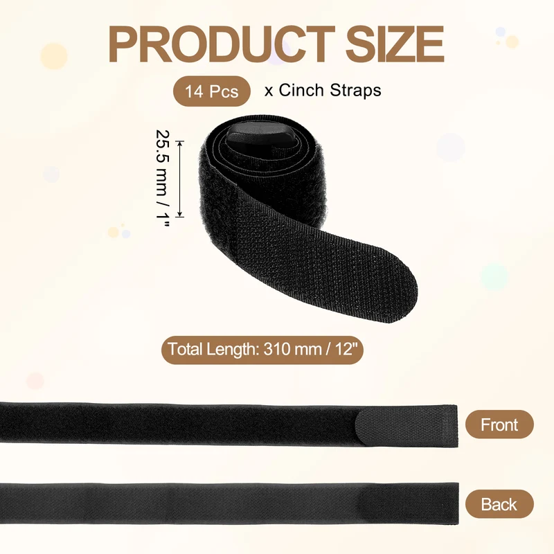 14pcs Reusable Cinch Strap 1.3"x12" Hook and Loop Cable Securing Strap Black