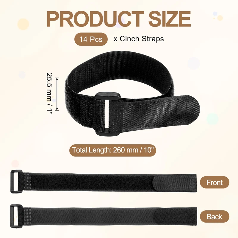 14pcs Reusable Cinch Strap 1.3"x10" Hook and Loop Cable Securing Strap Black