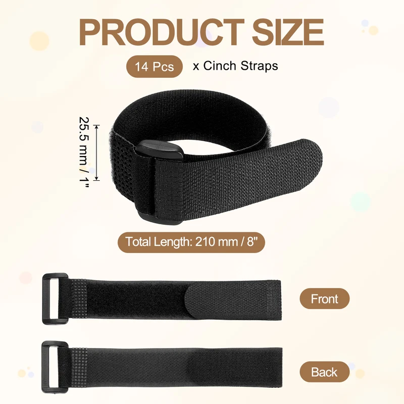 14pcs Reusable Cinch Strap 1.3"x8.3" Hook and Loop Cable Securing Strap Black