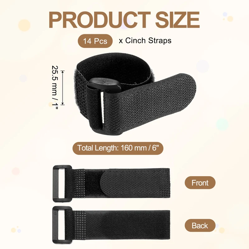 14pcs Reusable Cinch Strap 1.3"x6.3" Hook and Loop Cable Securing Strap Black