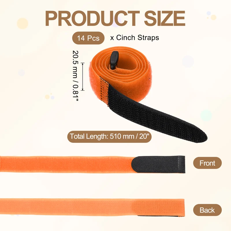 14pcs Reusable Cinch Strap 1.1"x20" Hook and Loop Cable Securing Strap Orange