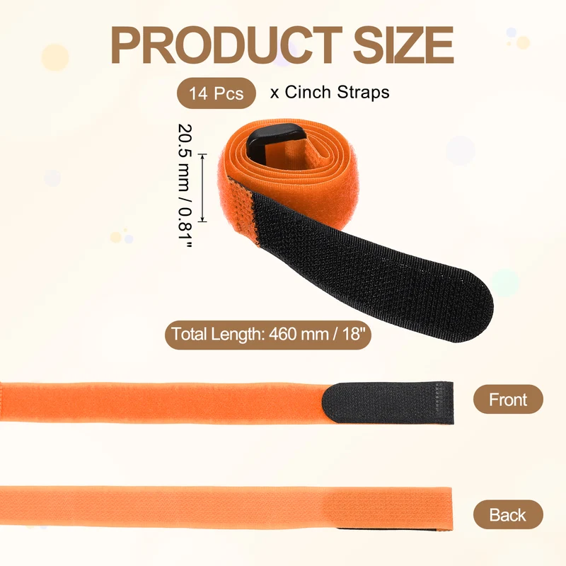14pcs Reusable Cinch Strap 1.1"x18" Hook and Loop Cable Securing Strap Orange