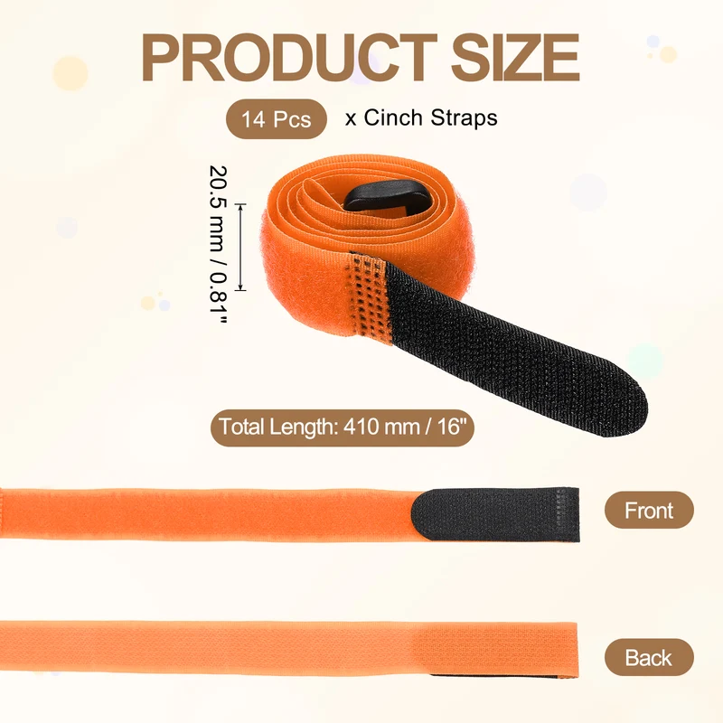 14pcs Reusable Cinch Strap 1.1"x16" Hook and Loop Cable Securing Strap Orange