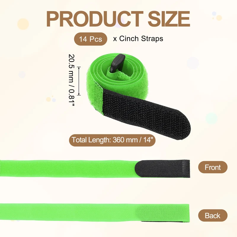 14pcs Reusable Cinch Strap 1.1"x14" Hook and Loop Cable Securing Strap Green