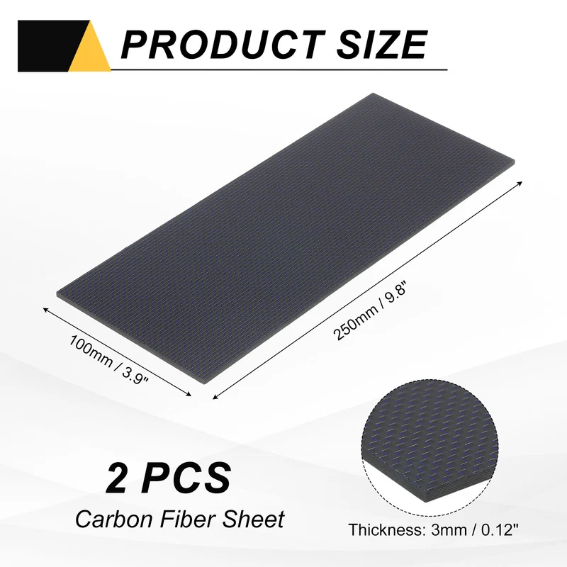 2 Pcs 3K Carbon Fiber Sheet 250x100x3mm Board with Blue Metallic Threads