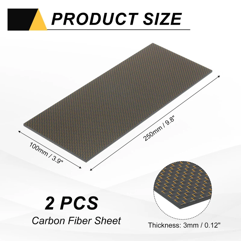 2 Pcs 3K Carbon Fiber Sheet 250x100x3mm Board with Gold Metallic Threads