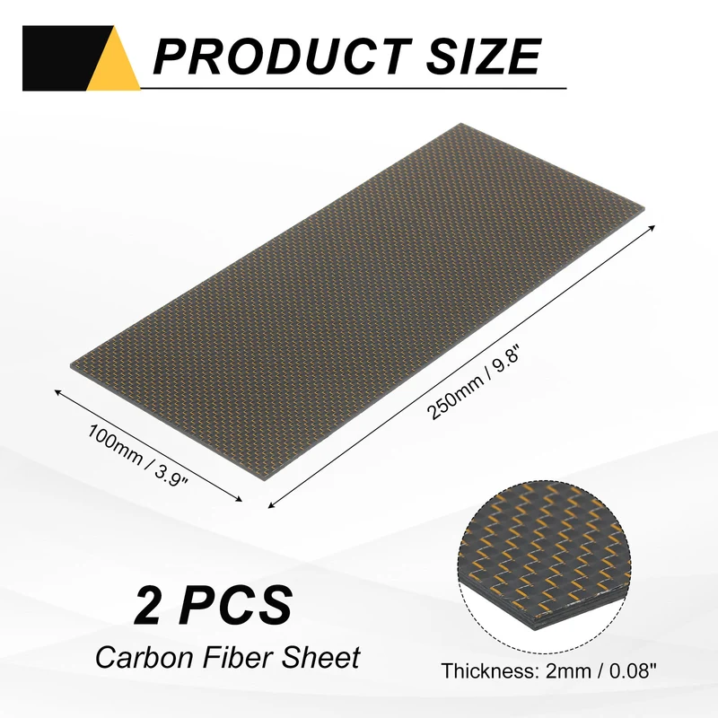 2 Pcs 3K Carbon Fiber Sheet 250x100x2mm Board with Gold Metallic Threads