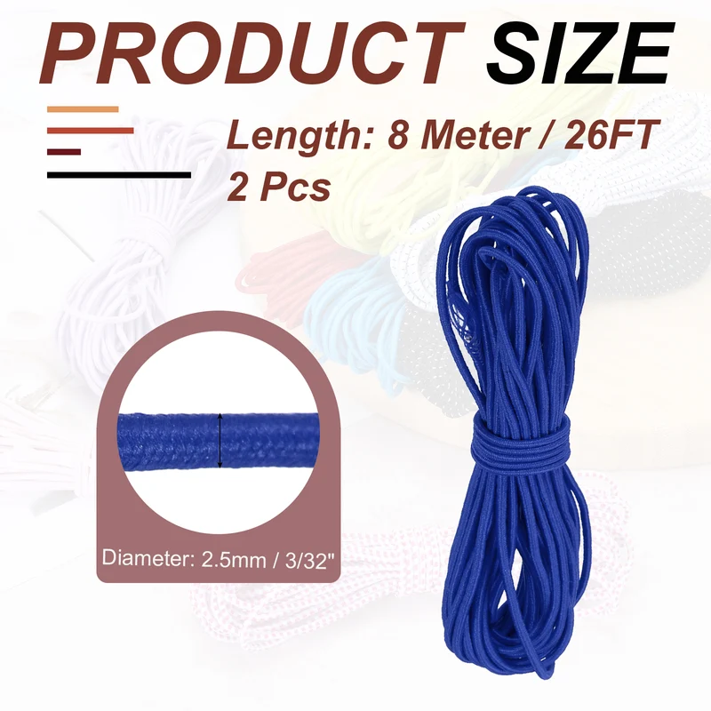 2pcs 3/32" x 26ft Bungee Shock Cord Rope Marine Grade Bungee Rope Blue