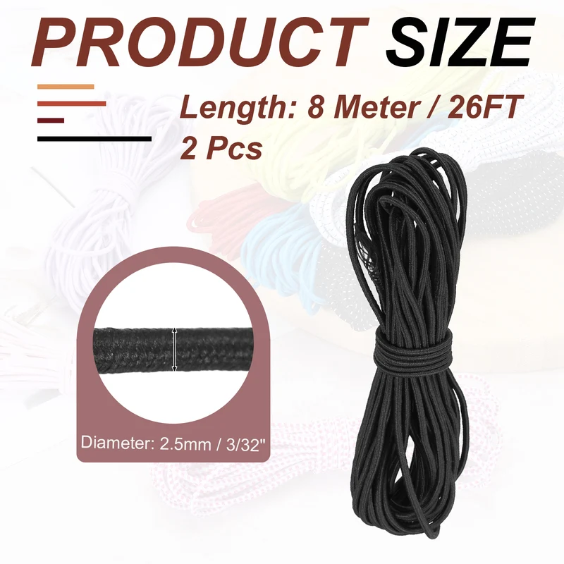 2pcs 3/32" x 26ft Bungee Shock Cord Rope Marine Grade Bungee Rope Black
