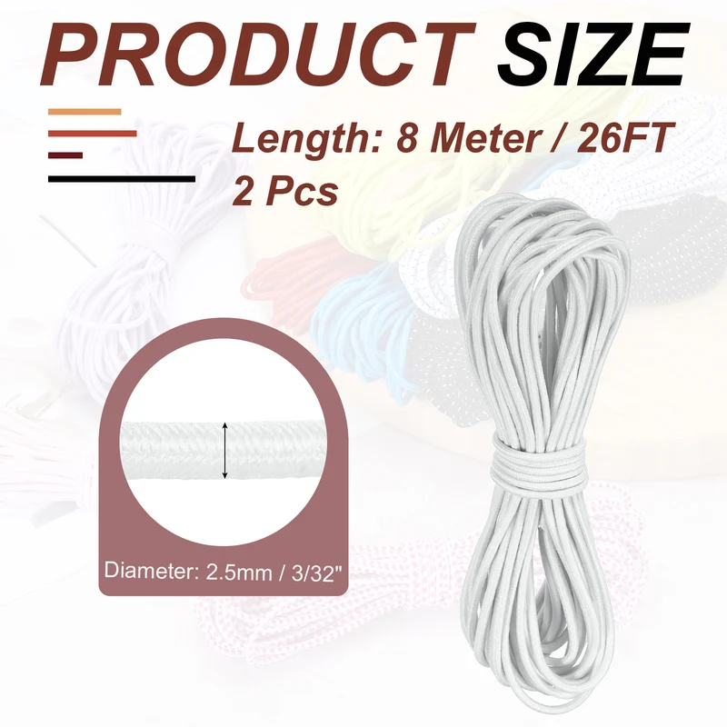 2pcs 3/32" x 26ft Bungee Shock Cord Rope Marine Grade Bungee Rope White