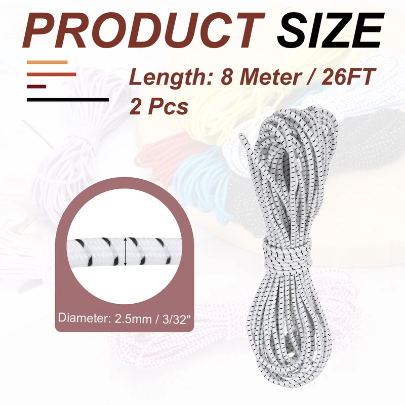 2pcs 3/32" x 26ft Bungee Shock Cord Rope Marine Grade Bungee Rope White Black