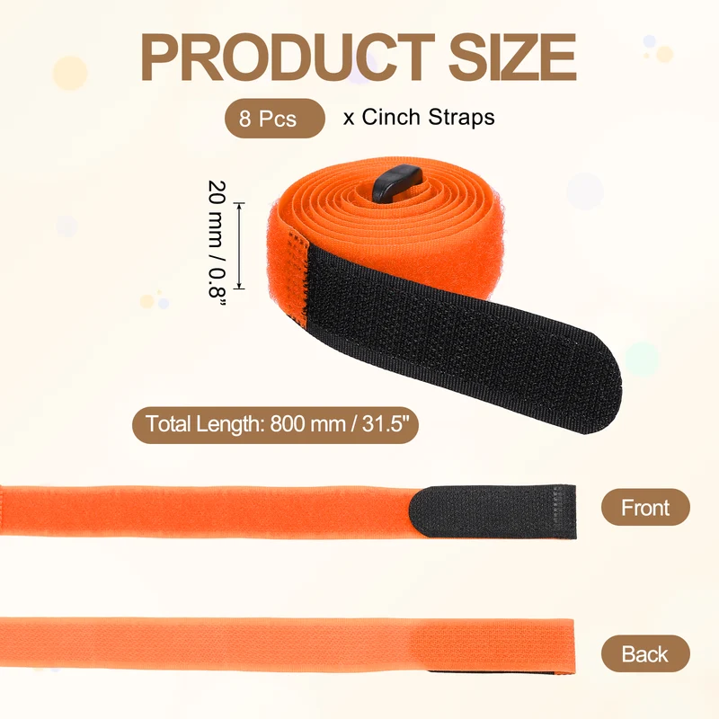8Pcs 0.8"x31.5" Reusable Cinch Strap Hook and Loop Cable Securing Strap Orange
